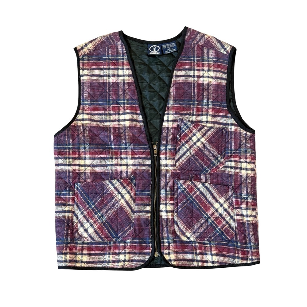 I Am Womens‎ Vintage Quilted Plaid Vest Burgundy Navy Cotton Full Zip Sz Small